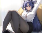  1girl alternate_costume bed black_pantyhose blue_archive blue_eyes breasts collared_shirt gileu highres looking_at_viewer office_lady pantyhose partially_unbuttoned pencil_skirt purple_hair shirt shirt_tucked_in skirt solo stretching tongue tongue_out triangle_hair_ornament unbuttoned unbuttoned_shirt white_shirt yuuka_(blue_archive) 