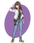  1girl artist_name azurdraws black_shirt blue_pants boots brown_footwear brown_hair commentary denim full_body highres jacket kiruko_(tengoku_daimakyou) long_hair looking_to_the_side pants shirt solo spanish_commentary standing tengoku_daimakyou white_jacket 