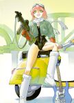  1girl absurdres black_leotard boots breasts cleavage commentary cropped_jacket earrings electric_guitar flcl gloves goggles goggles_on_head green_jacket guitar gun haruhara_haruko highres holding holding_gun holding_weapon instrument jacket jewelry knee_boots leotard long_hair looking_at_viewer machine_gun motor_vehicle motorcycle on_motorcycle open_mouth outdoors pink_hair red_gloves scarf solo v-shaped_eyebrows vinne weapon white_footwear white_scarf yellow_eyes 