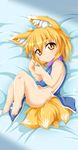  animal_ears bare_arms bare_legs bare_shoulders barefoot blonde_hair fox_ears fox_tail kokujuuji looking_at_viewer lying multiple_tails naked_tabard on_side solo tabard tail touhou yakumo_ran yellow_eyes younger 