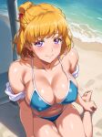  1girl asahina_mirai barefoot beach bikini blonde_hair blue_bikini breasts collarbone commentary_request covered_nipples folded_hair from_above highres large_breasts looking_at_viewer mahou_girls_precure! ocean pole precure purple_eyes short_hair solo sozan swimsuit 
