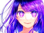 1girl commentary_request highres hoshino_ai_(oshi_no_ko) long_hair looking_at_viewer oshi_no_ko pink_lips purple_eyes purple_hair sanmou_mikari simple_background smile solo symbol-shaped_pupils white_background 