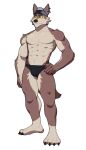 2024 abs anthro barefoot big_muscles bulge canid canine canis claws clothed clothing ear_piercing ear_ring epic_games eyebrows feet fortnite fur hand_on_hip hat headgear headwear hi_res jrjresq male mammal muscular muscular_anthro muscular_male navel pecs piercing plantigrade ring_piercing simple_background solo speedo standing swimwear topless topless_anthro topless_male tuft wendell_(fortnite) white_background wolf