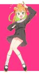  1girl absurdres black_dress black_footwear blush double_bun dress full_body green_eyes green_hair hair_bun hair_ribbon highres indie_virtual_youtuber long_hair long_sleeves looking_at_viewer luke_(dydansgur) multicolored_hair open_mouth panties pantyshot red_ribbon ribbon shoes simple_background socks tamura_mikan two-tone_background underwear virtual_youtuber white_panties white_socks 