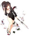  alternate_costume ara_han bare_legs black_footwear black_hair black_skirt book breasts brown_eyes cleavage elsword full_body long_hair medium_breasts pika_(kai9464) polearm ponytail shoes skirt smile solo spear teacher weapon white_background 