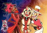  2boys 2girls alastor_(hazbin_hotel) angry antlers blonde_hair bow bowtie cane charlie_morningstar coattails colored_sclera colored_skin doily father_and_daughter gloves gradient_background grey_skin hair_bow hands_on_own_hips hat hazbin_hotel horns long_hair lucifer_morningstar_(hazbin_hotel) multicolored_background multiple_boys multiple_girls niji_(shihio) pinstripe_pattern pinstripe_suit projected_inset red_eyes sharp_teeth skirt suit teeth thighhighs top_hat uniform vaggie waistcoat white_skin yellow_sclera 