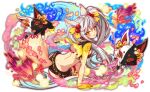  1girl 2others :p animal_ears animal_on_tail artist_request bare_back bell bikini black_bikini black_eyes blush colored_sclera colorful crash_fever ear_ribbon fang fox fox_ears fox_tail full_body grey_hair hair_ears jingle_bell kitsune long_hair looking_at_viewer magatama multicolored_background multiple_others number_print official_art pink_petals senko_(crash_fever) smoke sparkle swimsuit tail thigh_strap third-party_source tongue tongue_out transparent_background twintails two-tone_fur very_long_hair yellow_eyes yellow_sclera 