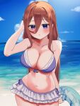  1girl absurdres arm_at_side bare_arms bare_shoulders beach bikini bikini_skirt blue_bikini blue_innertube blue_ribbon blue_sky blush breasts brown_hair chestnut_mouth cleavage cloud collarbone cowboy_shot day frilled_bikini frills front-tie_bikini_top front-tie_top go-toubun_no_hanayome hair_between_eyes hand_on_own_head hand_up highres holding holding_swim_ring horizon innertube iry_illust large_breasts long_hair looking_at_viewer nakano_miku navel ocean open_mouth outdoors purple_eyes ribbon sidelocks sky solo spaghetti_strap standing stomach straight_hair swim_ring swimsuit wide_hips 