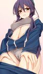  2015 3: blush cameltoe dated gin_(ginshari) grey_panties hands_on_thighs jacket looking_at_viewer navel open_clothes open_jacket original panties purple_hair solo sports_bra sweat underwear v-shaped_eyebrows 