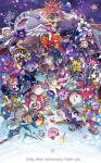  absurdres adeleine anniversary apple bandana bandana_waddle_dee beret bird black_hair blonde_hair blue_bandana blue_eyes blue_hair blush_stickers bow character_request commentary_request coo_(kirby) copyright_request danepoyo_111 dark_meta_knight daroach english_text flamberge_(kirby) food francisca_(kirby) fruit gooey_(kirby) hat highres holding holding_food holding_polearm holding_sword holding_weapon kine_(kirby) king_dedede kirby kirby&#039;s_dream_land_3 kirby:_planet_robobot kirby:_star_allies kirby_(series) kirby_64 kirby_and_the_amazing_mirror kirby_squeak_squad magolor marx_(kirby) meta_knight multiple_boys multiple_girls open_mouth pink_hair polearm red_bow red_hair ribbon_(kirby) rick_(kirby) sandwich smile spear susie_(kirby) sword taranza top_hat weapon wings zan_partizanne 
