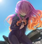  biker_clothes bikesuit blonde_hair bodysuit breasts cleavage closed_eyes gradient_hair ground_vehicle hijiri_byakuren iris_anemone long_hair long_sleeves medium_breasts motor_vehicle motorcycle multicolored_hair purple_hair smile solo touhou turbo_byakuren unzipping very_long_hair zipper 