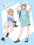  1girl baseball_cap blue_eyes food full_body hat highres looking_at_viewer moya_(toatomoot) one_eye_closed open_mouth original shirt shoes short_hair smile sneakers socks tongue tongue_out v 