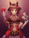  1girl absurdres animal_ears bare_shoulders black_dress breasts brown_hair card cleavage corset cynthia_(uuzz5324) detached_sleeves dress ear_covers gentildonna_(umamusume) gloves gold_ship_(umamusume) hair_rings highres holding holding_card horse_ears large_breasts long_hair looking_at_viewer open_mouth orfevre_(umamusume) playing_card red_eyes sleeveless sleeveless_dress smile solo spotlight standing umamusume upper_body verxina_(umamusume) white_gloves 