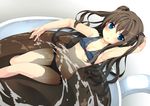  bathing bikini blue_bikini blue_eyes brown_hair coffee cup in_container in_cup long_hair minigirl original oruto_(ort+) scrunchie solo swimsuit teacup two_side_up very_long_hair 