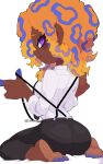  1girl ass barefoot black_pants dark-skinned_female dark_skin full_body highres kiirono looking_at_viewer multicolored_hair orange_hair pants profile purple_eyes shirt shirt_tucked_in simple_background sitting smile solo splatoon_(series) splatoon_3 suspenders suspenders_pull tao_blu_(splatoon) tentacle_hair twitter_username white_background white_shirt 