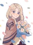  1girl blonde_hair blue_eyes bouquet bow brown_capelet capelet chimney_(chimney0311) fire_emblem fire_emblem:_three_houses garreg_mach_monastery_uniform hair_bow hair_over_shoulder holding holding_bouquet long_hair low-tied_long_hair low_ponytail mercedes_von_martritz solo 