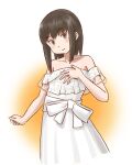  1girl bare_shoulders black_hair brown_eyes cowboy_shot dress fubuki_(anniversary)_(kancolle) fubuki_(kancolle) hair_down highres kantai_collection karasu_(naoshow357) off-shoulder_dress off_shoulder official_alternate_costume short_hair sidelocks solo white_dress 