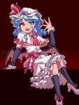  1girl ascot bat_wings black_nails black_socks blue_hair capelet dress frilled_dress frills full_body hat mob_cap open_mouth pixel_art potemki11 red_ascot red_background red_eyes remilia_scarlet smile socks solo teeth touhou white_capelet white_dress wings 
