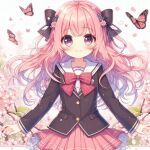  1girl :d ahoge black_jacket blazer blush bow bowtie bug butterfly cherry_blossoms closed_mouth dot_nose flower frills hair_bow hair_ornament jacket long_hair long_sleeves looking_at_viewer non-web_source pink_butterfly pink_flower pink_hair pink_skirt pleated_skirt purple_eyes red_bow red_bowtie sailor_collar school_uniform serafuku skirt smile solo upper_body wavy_hair white_sailor_collar 