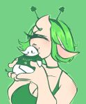  2019 ambiguous_gender anthro avian berd_(character) bird blush blush_lines bottomless bottomless_anthro breasts bynx_(cclowndogg) cclowndogg cleavage clothed clothing clover_(plant) cyclops dot_eyes duo eyebrows eyelashes eyes_closed female female/ambiguous flat_colors green_background green_clothing green_eyebrows green_hair green_hairband green_shirt green_sweater green_tank_top green_theme green_topwear hair heart_eyebrows hi_res holding_character holidays horn horned_humanoid humanoid humanoid_on_anthro humanoid_pointy_ears kissing kissing_head larger_female larger_humanoid lips long_beak male_(lore) micro plant print_clothing print_sweater print_topwear semi-anthro shirt simple_background sitting size_difference smaller_ambiguous smaller_anthro st._patrick&#039;s_day sweater tank_top text text_on_clothing text_on_sweater text_on_topwear toony topwear white_body 