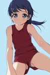  blue_eyes blue_hair blush collarbone cowboy_shot eyebrows_visible_through_hair gym_uniform highres looking_at_viewer looking_down matsunaga_kouyou original panties panty_peek ponytail shorts simple_background sleeveless solo striped striped_panties underwear upshorts 