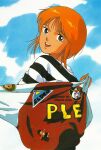  1980s_(style) 1boy 1girl animal_ears brown_eyes cat_ears cat_girl character_name cloud elpeo_puru figure gundam gundam_zz head_tilt highres jacket judau_ashta key_visual looking_back mecha mobile_suit mobile_suit_gundam official_art onda_naoyuki orange_hair promotional_art removing_jacket retro_artstyle robot rx-78-2 scan smile sticker traditional_media upper_body v-fin 