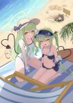  2girls :d absurdres arm_behind_back arm_support beach between_legs bikini blue_archive blush character_doll day demon_girl demon_tail dodo24850918 expressionless fang frilled_bikini frills from_above full_body gloves green_hair green_halo hair_between_eyes halo hand_between_legs hand_up hat hat_ribbon heart heart_tail highres hikari_(blue_archive) long_hair looking_at_viewer looking_up multiple_girls navel nozomi_(blue_archive) ocean one-piece_swimsuit outdoors ribbon siblings sisters sitting smile spaghetti_strap spread_legs staring stomach sun_hat swimsuit tail thighs translation_request twins twintails very_long_hair visor_cap white_bikini white_gloves white_one-piece_swimsuit yellow_eyes 