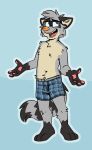 anthro barefoot black_body black_fur blue_background blue_border blue_boxers blue_clothing blue_eyes blue_underwear border boxers_(clothing) boxers_only clothed clothing eyewear feet fur glasses grey_body grey_fur hi_res male mammal open_mouth open_palms orange_nose pawpads pink_pawpads plaid_boxers procyonid raccoon ringo_raccoon sharp_teeth simple_background smile solo tan_body tan_fur teeth teeth_showing tinydeerguy tongue_showing topless underwear underwear_only