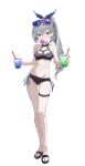  1girl armpit_crease bare_legs bare_shoulders bikini black_bikini blowing_bubbles bow breasts chewing_gum cleavage commentary_request crossed_bangs cup drill_hair drill_ponytail drinking_straw grey_eyes grey_hair hair_between_eyes hair_bow higashiwun_izumi highres holding holding_cup honkai:_star_rail honkai_(series) long_hair looking_at_viewer medium_breasts navel purple_bow side-tie_bikini_bottom silver_wolf_(honkai:_star_rail) simple_background solo stomach swimsuit thigh_strap toeless_footwear white_background 