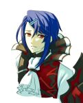 1boy alcryst_(fire_emblem) ascot asymmetrical_hair blue_hair dark_blue_hair fire_emblem fire_emblem_engage hair_ornament hairclip high_collar meegon01 portrait red_eyes solo white_ascot 