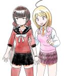  2girls ahoge akamatsu_kaede black_sailor_collar black_skirt black_wristband blonde_hair blunt_bangs bow bowtie breasts brown_hair closed_mouth collared_shirt commentary cowboy_shot danganronpa_(series) danganronpa_v3:_killing_harmony english_commentary flower flower_brooch hair_ornament hair_scrunchie hand_on_another&#039;s_arm happy harukawa_maki large_breasts light_blush long_hair long_sleeves looking_at_viewer low_twintails miniskirt mole mole_under_eye multiple_girls musical_note musical_note_hair_ornament musical_note_print necktie open_mouth orange_necktie pink_vest pleated_skirt pointing pointing_up purple_eyes purple_skirt qosic red_eyes red_scrunchie red_shirt red_thighhighs sailor_collar school_uniform scrunchie serafuku shirt signature simple_background sketch skirt sleeves_past_elbows small_breasts smile straight_hair thighhighs twintails very_long_hair vest white_background white_bow white_bowtie white_flower white_shirt wide-eyed zettai_ryouiki 