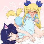  2girls animal_ears bell black_hair blonde_hair blush cat_ears cyan_(show_by_rock!!) donoteat glasses long_hair multiple_girls retoree show_by_rock!! smile tail thighhighs twintails yellow_eyes yuri 