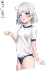  1girl blue_buruma blue_eyes blush breasts buruma cowboy_shot gym_shirt gym_uniform highres kantai_collection looking_at_viewer natsugumo_(kancolle) shirt short_hair short_sleeves small_breasts smile solo tf_cafe twitter_username white_background white_hair white_shirt 