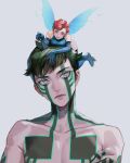  1boy 1girl demi-fiend fairy full-body_tattoo highres male_focus pixie_(megami_tensei) pointy_ears red_hair sageo_yn shin_megami_tensei shin_megami_tensei_iii:_nocturne short_hair smile tattoo topless_male wings yellow_eyes 