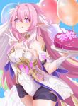  1girl absurdres balloon bare_shoulders bingliovo black_shorts blue_background breasts elf elysia_(herrscher_of_human:ego)_(honkai_impact) elysia_(honkai_impact) hair_between_eyes hair_ornament heart-shaped_cake highres honkai_(series) honkai_impact_3rd long_hair looking_at_viewer pink_eyes pink_hair pink_pupils plate pointy_ears shirt short_shorts shorts smile solo thighs tongue tongue_out triquetra v very_long_hair white_shirt 