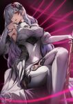  1girl armpits breasts commentary_request crossed_legs detached_sleeves feet_out_of_frame genyaky gradient_background granblue_fantasy granblue_fantasy:_relink grey_hair grey_pants grey_shirt hair_ornament hair_over_one_eye highres holding holding_sword holding_weapon lilith_(granblue_fantasy:_relink) long_hair long_sleeves looking_at_viewer pants parted_lips pink_background red_eyes shirt sideboob signature solo sword tight_clothes weapon 