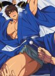  1boy abs bara bare_pectorals bed_sheet blue_kimono blue_male_underwear blush boxers brown_eyes brown_hair bulge erection erection_under_clothes fingerless_gloves flustered gloves hand_on_another&#039;s_thigh japanese_clothes kimono looking_at_viewer lying male_focus male_underwear mimikaki muscular muscular_male nipple_slip nipples on_back open_clothes open_kimono open_mouth pectorals pov pov_hands short_hair solo steaming_body sweat the_king_of_fighters thick_thighs thighs tingenamo underwear very_sweaty yabuki_shingo yukata 