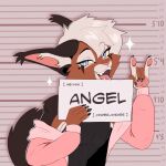  1:1 angel_(cinderwishes) anthro barbie_and_ken_mugshot_meme brown_body brown_fur caracal caracal_(genus) chain_necklace cheek_tuft cinderwishes clothing devil_horns_(gesture) ear_piercing ear_tuft english_text facial_tuft fangs felid feline femboy fur gauged_ear gesture hair half-closed_eyes hand_gesture hi_res hoodie humor inner_ear_fluff jewelry male mammal meme narrowed_eyes necklace open_mouth open_smile pawpads paws piercing pink_pawpads shirt smile solo sparkles tan_body tan_fur tank_top teeth text topwear tuft white_hair yellow_sclera 