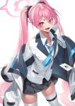  1girl absurdres blue_archive blush breasts halo highres jacket koyuki_(blue_archive) long_hair long_sleeves looking_at_viewer necktie open_mouth pink_eyes pink_hair shirt skirt small_breasts smile solo thighhighs twintails white_jacket yamanokami_eaka 