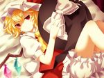  ascot bad_id bad_pixiv_id bed bed_sheet blonde_hair bloomers borrowed_garments dress flandre_scarlet hat hat_removed headwear_removed holding holding_hat jitome looking_at_viewer lying on_back puffy_short_sleeves puffy_sleeves red_dress red_eyes short_hair short_sleeves side_ponytail solo touhou underwear witch_hat yuka_yukiusa 