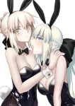  2girls absurdres animal_ears artoria_pendragon_(fate) bare_shoulders black_leotard blonde_hair blue_eyes blush braid breasts cleavage detached_collar fake_animal_ears fate/grand_order fate_(series) grey_hair highleg highleg_leotard highres large_breasts leotard long_hair longdq3008 looking_at_viewer medium_breasts morgan_le_fay_(fate) multiple_girls open_mouth pantyhose playboy_bunny ponytail rabbit_ears rabbit_tail saber_alter sidelocks tail very_long_hair wrist_cuffs yellow_eyes 