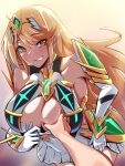  1girl 1other blonde_hair blush breasts chest_jewel cleavage cleavage_cutout clothes_pull clothing_cutout commentary_request downblouse dress dress_pull earrings elbow_gloves gloves grabbing grabbing_another&#039;s_breast groping hair_between_eyes hair_ornament highres jewelry large_breasts leaning_forward long_hair looking_at_viewer meme mythra_(xenoblade) pov pov_cheek_grabbing_(meme) pov_hands pulling_own_clothes short_dress teeth timosan very_long_hair white_dress white_gloves xenoblade_chronicles_(series) xenoblade_chronicles_2 yellow_eyes 