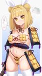  &gt;_&lt; 2girls armor bikini bikini_armor blue_background blunt_bangs blush border breasts bun_cover chibi chibi_inset cleavage closed_mouth commentary_request double_bun gradient_background groin hair_bun hair_intakes hair_ribbon haniwa_(statue) haniyasushin_keiki highres joutouguu_mayumi medium_breasts muchin_jousha multiple_girls navel ribbon solo_focus speech_bubble swimsuit thighhighs touhou translation_request vambraces white_border white_ribbon white_thighhighs yellow_bikini yellow_eyes 