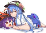  bad_id bad_twitter_id blue_hair blush colorized dress food fruit hat hat_ribbon hinanawi_tenshi jpeg_artifacts layered_dress long_hair looking_at_viewer lying nagae_iku neropaso on_side one_eye_closed open_mouth peach purple_hair red_eyes ribbon short_sleeves simple_background sketch smile touhou white_background yukkuri_shiteitte_ne 