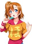  blue_eyes brown_hair clothes_writing food highres kousaka_honoka love_live! love_live!_school_idol_project off-shoulder_shirt one_side_up open_mouth popsicle shirt short_hair simple_background solo upper_body yopparai_oni 