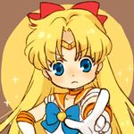  aino_minako bishoujo_senshi_sailor_moon blonde_hair blue_bow blue_eyes bow brooch choker elbow_gloves gloves hair_bow jewelry long_hair magical_girl orange_choker orange_sailor_collar pointing red_bow sailor_collar sailor_senshi_uniform sailor_venus solo tiara upper_body white_gloves yukke 