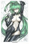 breasts cleavage green_hair green_heart highres large_breasts long_hair marker_(medium) neptune_(series) ponytail purple_eyes solo stanley_lau traditional_media 