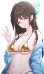  1girl absurdres airi_(blue_archive) bikini blue_archive blue_jacket breasts closed_eyes collarbone gold_bikini green_halo halo highres jacket jdnyang navel open_clothes open_jacket simple_background small_breasts smile solo swimsuit waving white_background 