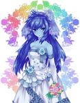  alternate_hairstyle blue_bow blue_eyes blue_hair blue_skin bouquet bow bridal_veil bride celsius_(tales) dress expressionless floral_background flower frills hair_flower hair_ornament highres jewelry long_hair necklace nijigami_rin pointy_ears rose solo strapless strapless_dress tales_of_(series) tales_of_eternia two_side_up veil wedding_dress white_dress 