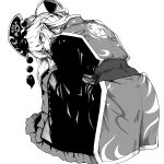  1girl chinese_clothes dress frills from_behind greyscale highres junko_(touhou) kikoka_(mizuumi) long_dress long_sleeves looking_at_viewer monochrome phoenix_crown pom_pom_(clothes) sash simple_background solo squatting tabard touhou wide_sleeves 